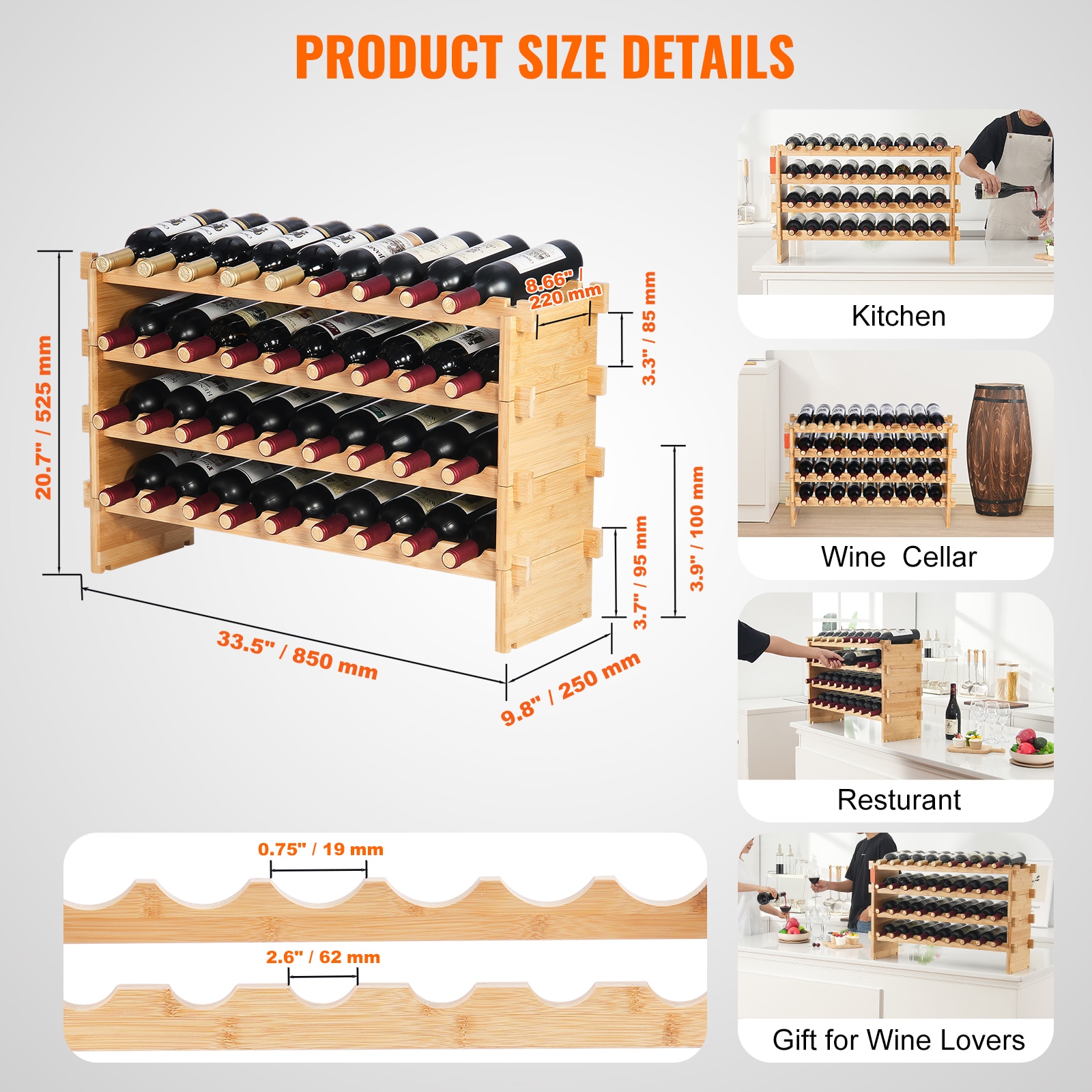 36 Bottle Stackable Modular Wine Rack Bamboo Wood Display Shelf 4-Tier_voghion.com